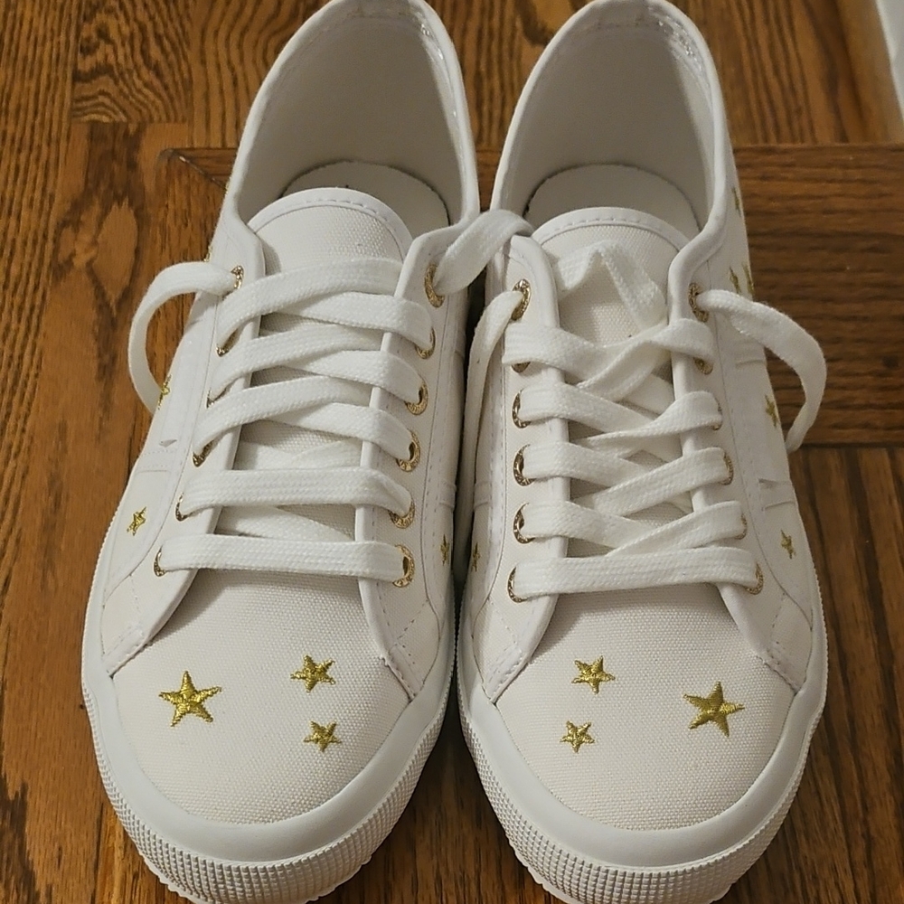 White Sneakers with Gold Star Accents